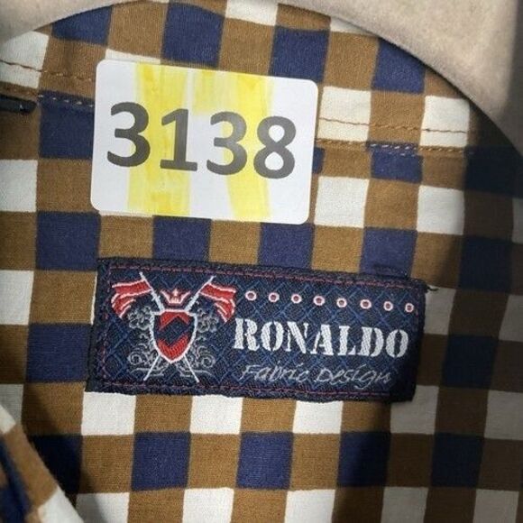 Ronaldo Long Sleeve Button Up Shirt Men Size X Large Beige/Navy Plaid Logo RND - Picture 2 of 12